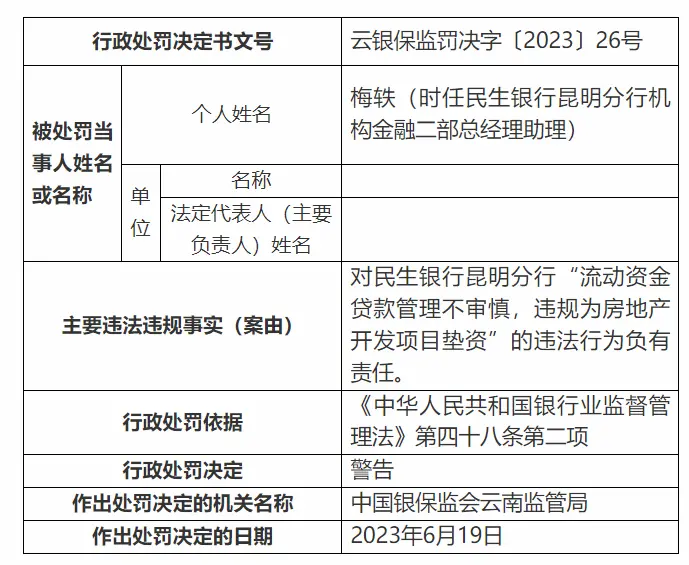 银行财眼｜11项违规！民生银行昆明分行被罚款375万元 个人贷款 银行 行业新闻 第3张