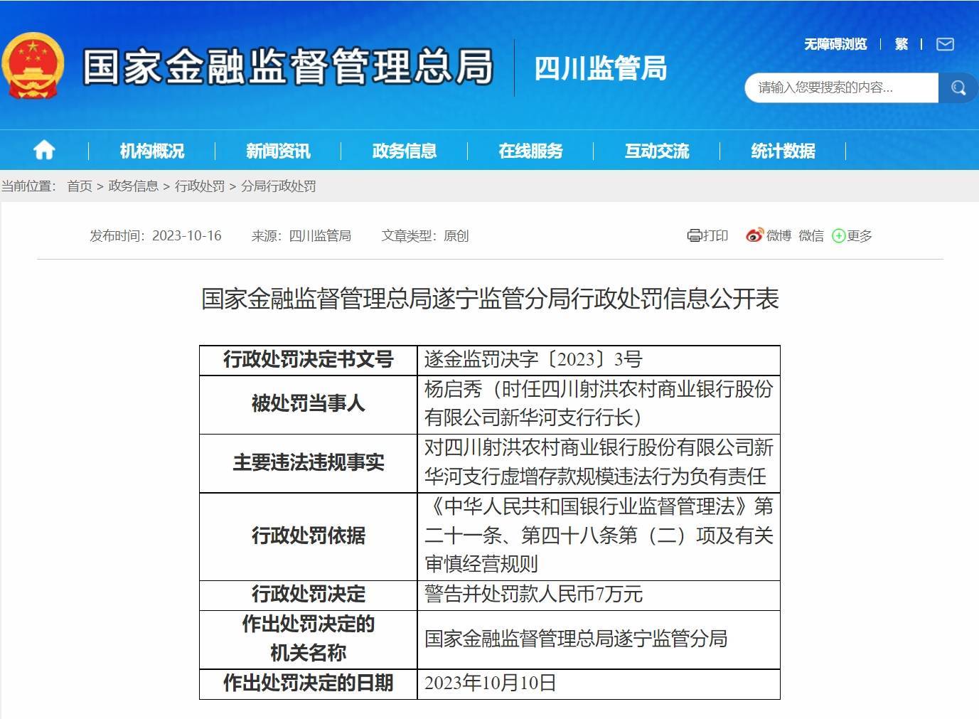 四川射洪农商银行虚增存款规模被罚30万，3人同时被罚 银行 中华人民共和国银行业监督管理法 射洪 行业新闻 第2张