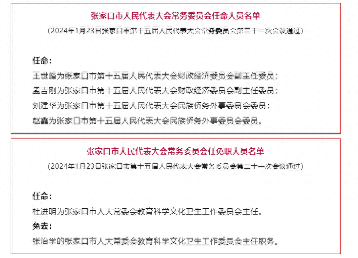 张家口最新人事任免：王世峰为第十五届人民代表大会财政经济委员会副主任委员 时政 人民代表大会 行业新闻 第1张