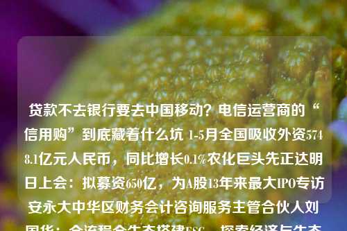 贷款不去银行要去中国移动？电信运营商的“信用购”到底藏着什么坑 1 5月全国吸收外资5748.1亿元人民币，同比增长0.1%农化巨头先正达明日上会：拟募资650亿，为A股13年来最大IPO专访安永大中华区财务会计咨询服务主管合伙人刘国华：全流程全生态搭建ESG，探索经济与生态平衡之路日赛谷丽思卡尔顿隐世酒店开业，飞猪平台可预订美联储暂停加息：黄金受压较高点下跌7% 贵金属板块领跌创投资源持续向硬科技倾斜 投资人提倡“技术领先+超级销售”创业组合德国陷技术性衰退，“经济火车头”动力不足致欧洲经济前 运营商 消费金融 中国移动 行业新闻 第1张