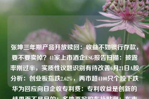 张坤三年期产品开放赎回：收益不如银行存款，要不要卖掉？41家上市酒企ESG报告扫描：披露率刚过半，实质性议题识别有待改善6月21日A股分析：创业板指跌2.62%，两市超4100只个股下跌华为回应向日企收专利费：专利收益是创新的结果而不是目的；多地再掀购车补贴潮：车市“价格战”仍将持续？医学科技成果转化 代工厂转型国家高新 来看实体经济背后的那些金融身影整顿“内卷”！ 交易商协会新规严管发行乱象 要求利率市场化不仅加大IT投入，更强化打造数字化品牌，又一家券商行动，“三年提升计划”释放新需求回归老 基金收益率 持有期收益率 张坤 行业新闻 第1张