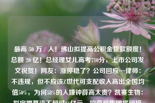 最高 50 万 / 人！佛山拟提高公积金贷款额度！总额 20 亿！总经理女儿高考710分，上市公司发文祝贺！网友：涨停稳了？公司回应…律师：不违规，但不应该Z世代可支配收入高出全国均值50%，为何58%的人嫌钟薛高太贵？凯赛生物：拟定增募资不超过66亿元，招商局集团将间接入股现代建设获沙特阿美石化大单！50亿美元合同创韩企之最我在上海卖豪宅：头部中介年入千万专访中国政法大学廖藏宜：医保基金监管应抓住智能监控主引擎，强化医疗行为合理性监管印度成“香饽饽”！达里奥、马斯克等力挺 印总理放豪言争做世界 贷款人 公积金缴存 公积金 行业新闻 第1张
