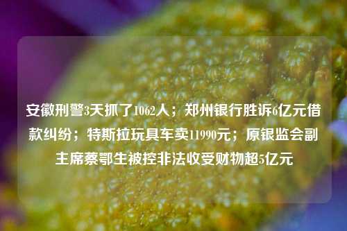 安徽刑警3天抓了1062人；郑州银行胜诉6亿元借款纠纷；特斯拉玩具车卖11990元；原银监会副主席蔡鄂生被控非法收受财物超5亿元 银行 郑州银行 玩具车 行业新闻 第1张